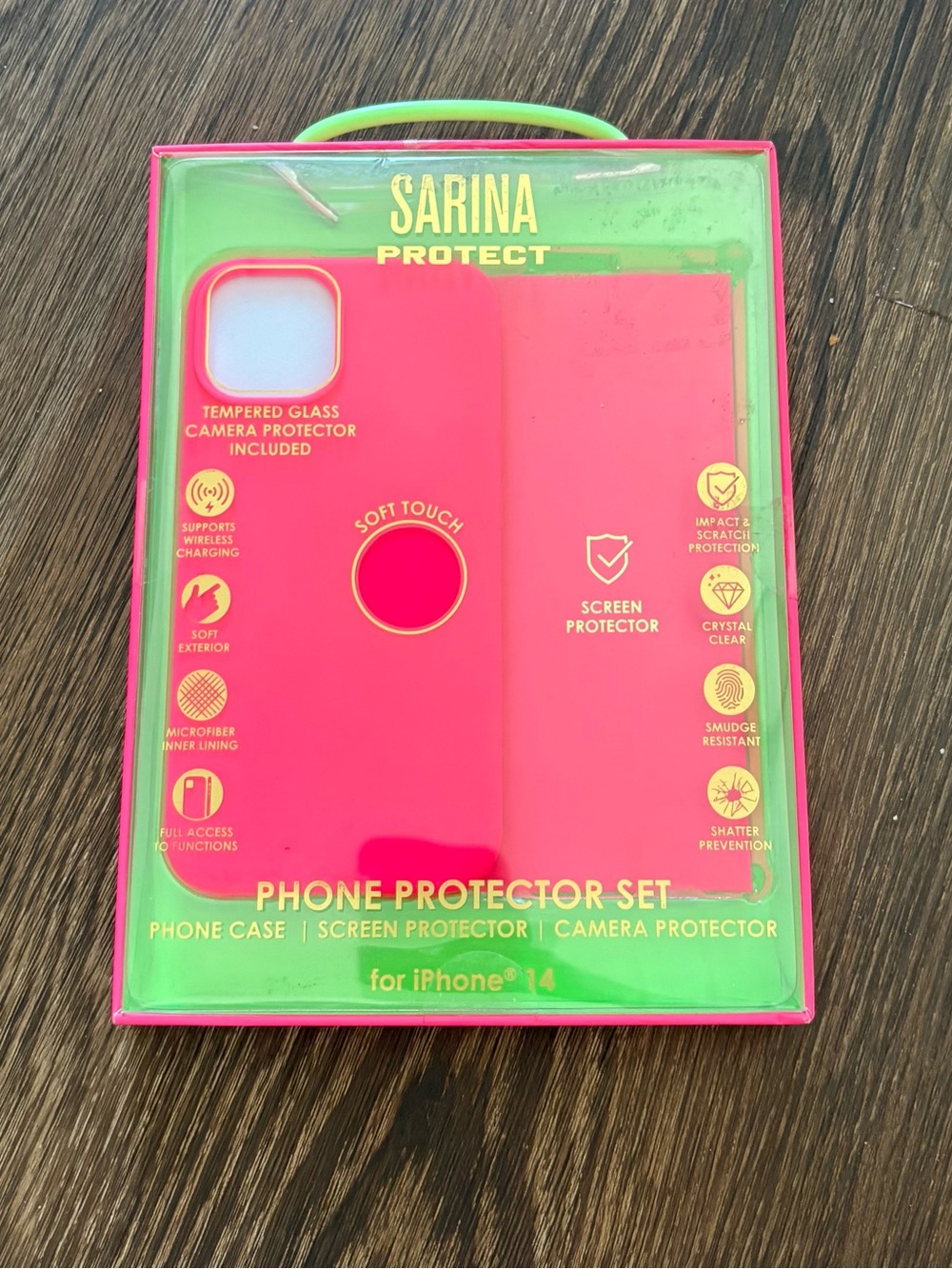 Sarina Protect Phone Protector Set for iPhone 14 — Pink with Green Trim